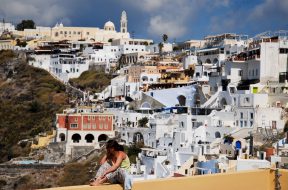 Panoramic view of the Catholic quarter of Fira, Fira, Santorini island (Thira), Greece.
