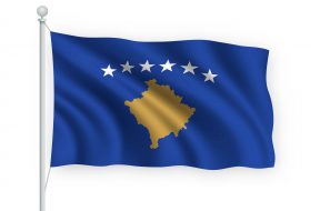 3d waving flag Kosovo on flagpole Isolated on white background.