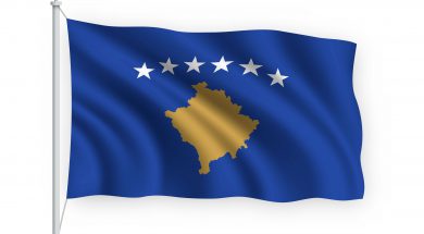 3d waving flag Kosovo on flagpole Isolated on white background.