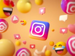 Instagram application logo background with emoji and floating objects. Instagram social media platform.