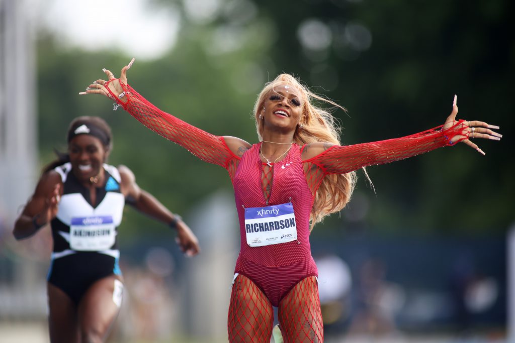 NEW YORK, NEW YORK - JUNE 12: Sha'Carri Richardson celebrates after winning the Women's 200m during the New York Grand Prix at Icahn Stadium on June 12, 2022 in New York City. (Photo by Mike Stobe/Getty Images)