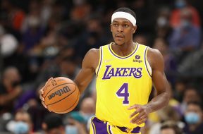 PHOENIX, ARIZONA - OCTOBER 06: Rajon Rondo #4 of the Los Angeles Lakers handles the ball during the NBA preseason game at Footprint Center on October 06, 2021 in Phoenix, Arizona. The Suns defeated the Lakers 117-105. NOTE TO USER: User expressly acknowledges and agrees that, by downloading and or using this photograph, User is consenting to the terms and conditions of the Getty Images License Agreement. (Photo by Christian Petersen/Getty Images)